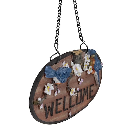 12" Bluebirds & Flowers Hanging Welcome Sign